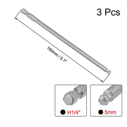 uxcell 3 Pcs H5 (5mm) Ball End Screwdriver Bits, S2 Steel Magnetic 5.1 Inch Long Drill Bit with 1/4 Inch Hex Shank - size: H5