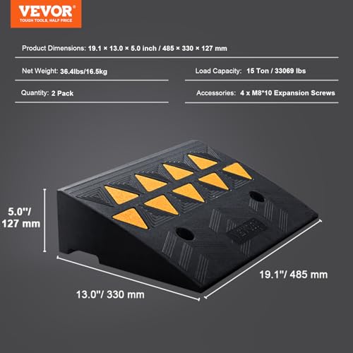 VEVOR Rubber Curb Ramp 5" Rise Height 2 Pack, Heavy-Duty 33069 lbs/15 T Capacity Threshold Ramps, Rubber Driveway Ramps for Cars, Carts, Dollies, Motorcycle, Bikes, Wheelchairs - size: 5" H