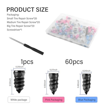 60PCS Tire Screw Plug Repair Kit,Self-Service Tire Repair Kit Includes 3 Sizes of Screw in Tires Plugs & Screwdriver for Quick Repairs,Professional Tires Repairs Rubber Nail (60PCS) - color: 60PCS