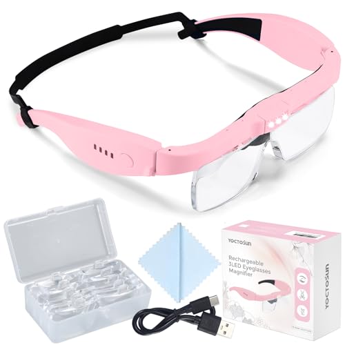 YOCTOSUN Magnifying Glasses with Light, Rechargeable Magnifying Headset with 5 Detachable Lenses 0.75X-4.0X and 3 LED Lights, Hands Free Headband Magnifier for Close Work Hobby Crafts Jewelry - color: Pink