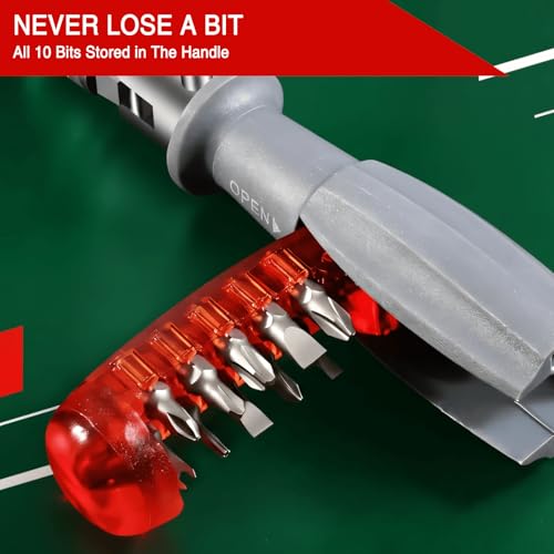 10-in-1 Ratcheting Screwdriver Set with 180° Pivot Head, Magnetic Bits, All-in-Handle Design, Compact Multi-Bit Tool for Home DIY, Electronics and Car Repair, Red (Red)
