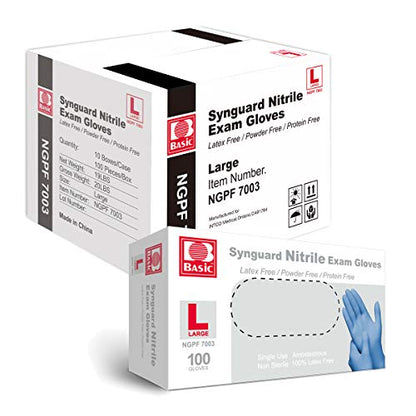 Basic Medical Blue Nitrile Exam Gloves - Latex-Free & Powder-Free - NGPF 7003 (Case of 1,000), Large