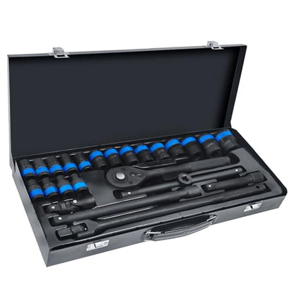 24 Pcs Metric 1/2 Inch Drive 6-Point Standard 8-32mm Socket Ratchet Wrench Set, Short & Long Air Pneumatic Sockets Spanner for Automotive Repairs Machinery Maintenance Household Maintenance