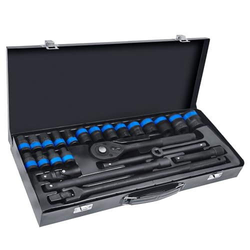 24 Pcs Metric 1/2 Inch Drive 6-Point Standard 8-32mm Socket Ratchet Wrench Set, Short & Long Air Pneumatic Sockets Spanner for Automotive Repairs Machinery Maintenance Household Maintenance