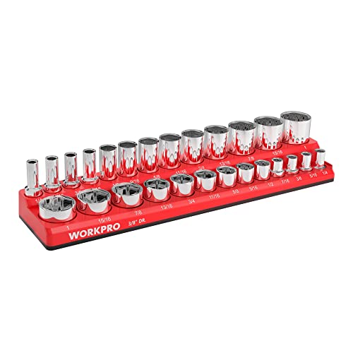 WORKPRO Magnetic Socket Organizer, 3/8-Inch SAE Socket Holder | Hold 26-Piece Sockets, Suitable for Standard and Deep Socket, Magnetic Base, No Scratches Installation, Sockets not Included - size: 3/8" DR - SAE