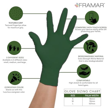 FRAMAR Biodegradable Green Gloves Latex Free Large – Disposable Nitrile Gloves Large, Cleaning Rubber Glove Disposable, Non Latex Hair Dye Glove 100 Pk - size: Large