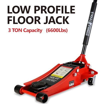 3 Ton Low Profile Floor Jack, Heavy Duty Steel Racing Floor Jack with Dual Pistons Quick Lift Pump, Lifting Range 3.3"-18.5", Hydraulic Jack Professional Car Jacks 3 Ton/6600 LBS Capacity, Red - color: Red - 3 Ton(Dual Pump), Lift 3.3"-18.5"