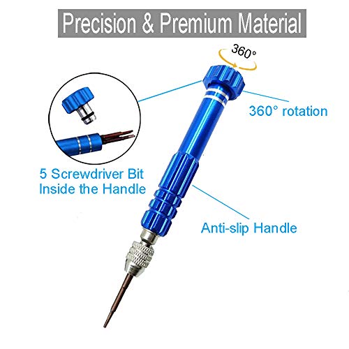 Eyeglass Repair Kit, 5-in-1 Multifunctional Precision Screwdriver Set (torxT5~T6,+1.5,-1.5,star0.8) with Mini Keychain Screwdriver for Glasses, Cellphone, Electronics, Watch, Laptop, Jewelry - color: Blue