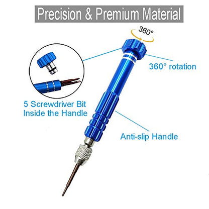 Eyeglass Repair Kit, 5-in-1 Multifunctional Precision Screwdriver Set (torxT5~T6,+1.5,-1.5,star0.8) with Mini Keychain Screwdriver for Glasses, Cellphone, Electronics, Watch, Laptop, Jewelry - color: Blue