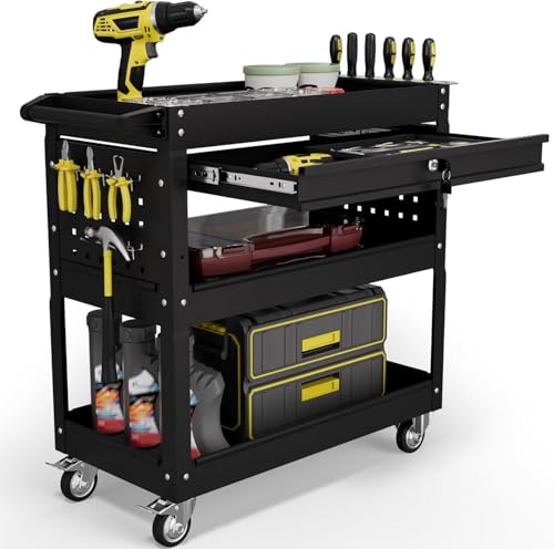 3 Tier Tool Cart on Wheels with Drawers - Three Tier Rolling Cart with Lockable Storage - Mechanic Tool Chest - Tool Chest with Wheels Used in Garage, Indoors, Workshop Black - color: Black
