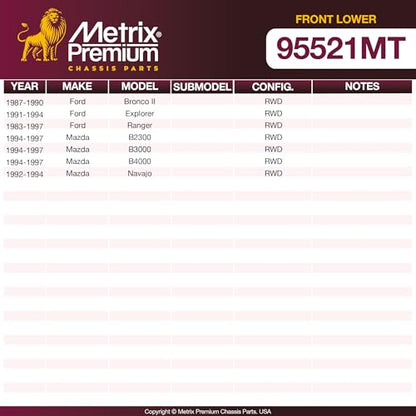 Metrix Premium Chassis Parts - 2 PC Front Lower Ball Joint Kit Fits 87-90 Ford Bronco II RWD, 91-94 Explorer RWD, 83-97 Ranger RWD, 94-97 Mazda B2300 RWD, 94-97 B3000, 94-97 B4000, 92-94 Navajo RWD - size: K8413T x2/ PAIR