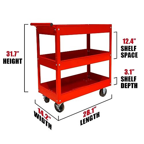 Torin APTC302B Steel Tool Service Push Cart with 3 Shelves and 200 lb Capacity, Red - color: Red, style: 3 Shelves