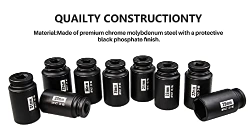 1/2" Drive Deep 6-Point Impact Socket Set/Spindle Axle Nut Impact Socket Set, Metric, Cr-Mo,29mm-38mm, 9-Piece Axle Socket Set - size: 9PC