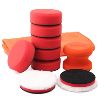 3 Inch Polishing Pad, SPTA 8Pcs Car Wax Applicator Pads with Handle and Towel, Hand Foam Pads & Microfiber Pad Kit, Detailing Buffing Pads for Car Polishing Waxing Buffing Glaze