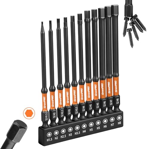 GRENPRO 11PCS Impact Hex Head Allen Wrench Drill Bit Set(Metric), 1/4" Hex Shank S2 Steel Magnetic Hex Bits, CNC Machined Tips, 4 Inch Length with Storage Box - size: 4" 11pcs(Metric)