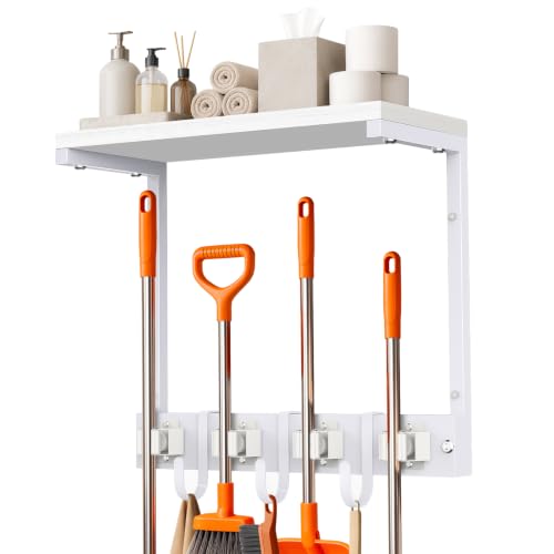 Supforce Small Broom Holder Wall Mount with Shelf, 4 Slots 3 Hooks | White, 2-In-1 Wall Mount Stores Brooms/Mops, Cleaning Supplies With 4 Grippers/3 Hooks And A Sturdy Wooden Top Shelf - color: White, size: Small