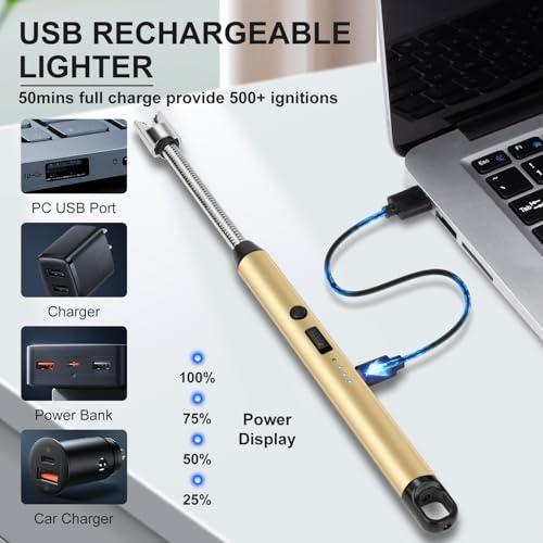 LcFun Candle Lighter Windproof USB C Electric Lighters with 360° Flexible Neck & Safety Lock, 2 Pack Flameless Lighters Long Stem Matches for Candle, Grill, BBQ, Gas Stoves (Black & Gold) - color: Black & Gold