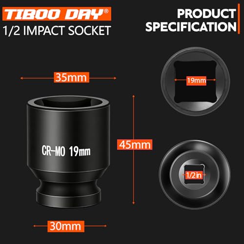 1/2" Drive 19mm Impact Socket Metric Standard Impact Socket Blackening Finish 4 Point Square Socket made with Chrome Molybdenum Alloy Steel for Auto Repair Mechanical Maintenance Removal of Axle Nut - size: 19mm - 4pt, style: 1/2" Drive Standard Socket
