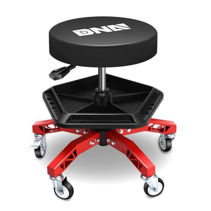 DNA Motoring Rolling Shop Stool, Adjustable Height Padded Rolling Seat, Pneumatic Roller Mechanic Stool for Garages, w/Tool Storage Tray, 300lbs Capacity, TOOLS-00636-BK-RD - style: Red Tray Model