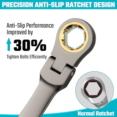 DURATECH Extra Long Anti-Slip Flex-Head Ratcheting Wrench Set, 5-Piece, SAE | Double Box End, 1/4" to 13/16", 72-Tooth, 5° Swing Arc, for Tight Spaces, CR-V Steel, Grey Nickel Plated, EVA Foam Organizer