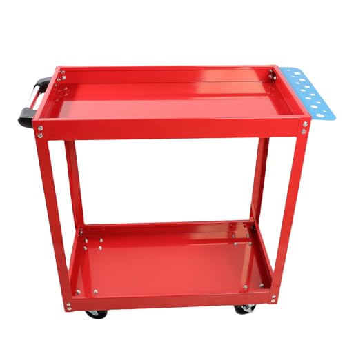 2 Tier Tool Cart Rolling Mechanic Heavy Duty Steel Utility Cart with Lockable Wheels, 450 lbs Capacity Industrial Service Cart for Garage, Warehouse, Workshop (Red) - color: Red