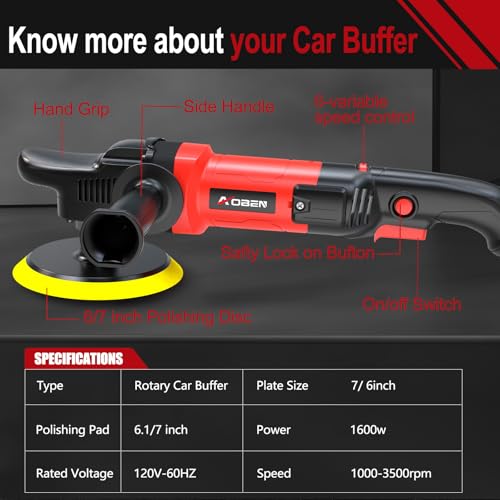 AOBEN 1600W Rotary Buffer Polisher,7 Inch/6 Inch Car polisher with 6 Variable Speed,Detachable Handle for Car Detailing - size: AT3501D-1