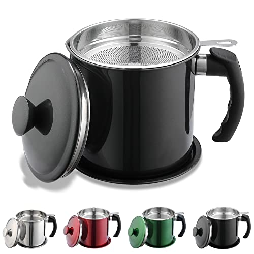 Kyraton Black Bacon Grease Container With Strainer, 48 oz Black Coating Stainless Steel Oil Container, Pot Fat Storage With Lid, Easy Grip Handle Suitable For Storing Frying Oil And Cooking Grease - color: 2. Black