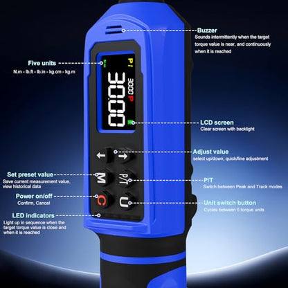 1/4" Digital Torque Wrench 0.33-22.1 Ft.lbs/0.45-30 Nm, Electronic Inch Pound Torque Wrench with 3/8" Adapter Extension Bar for DIY,Motorcycles,Bicycle,Car Buzzer Alarm, ±1% Accuracy 5 Units - size: 1/4" 0.33-22.1 FT.LB