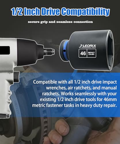 1/2" Drive 46mm Deep Impact Socket, 6-Point CR-MO Steel | CR-MO steel impact socket set. 1/2" drive, 6-point design. Deep reach for lug nuts & axle nuts. - size: 46mm