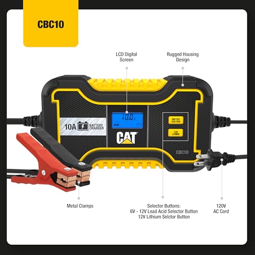 Caterpillar CBC10 Professional 10 Amp Battery Charger/Battery Maintainer for 6V/12V Lead Acid Batteries and 12V Lithium Batteries