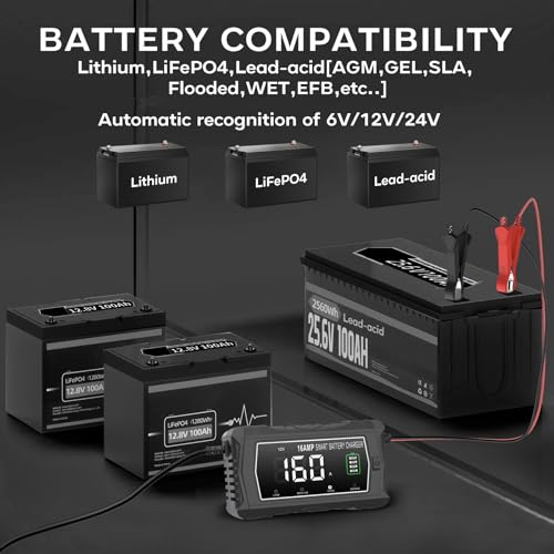 lifepo4 Charger 16-Amp Fully-Automatic Maintain,6V/12V/24V Lead-Acid(AGM/Gel/SLA)/Lithium lron LiFePO4 Trickle Charger,Pulse Repair Car Battery Charger,Deep Cycle