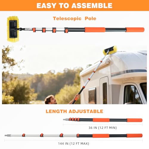 12FT Car Wash Brush with Long Handle Telescoping Extension Pole Angle Adapter with 12" Soft and Hard Bristle Scratch-Free for Cleaning Car Truck RV House Floor Window Roof Solar Panels - size: 12 FT