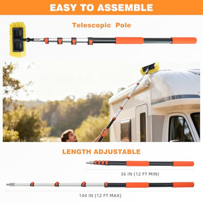 12FT Car Wash Brush with Long Handle Telescoping Extension Pole Angle Adapter with 12" Soft and Hard Bristle Scratch-Free for Cleaning Car Truck RV House Floor Window Roof Solar Panels - size: 12 FT