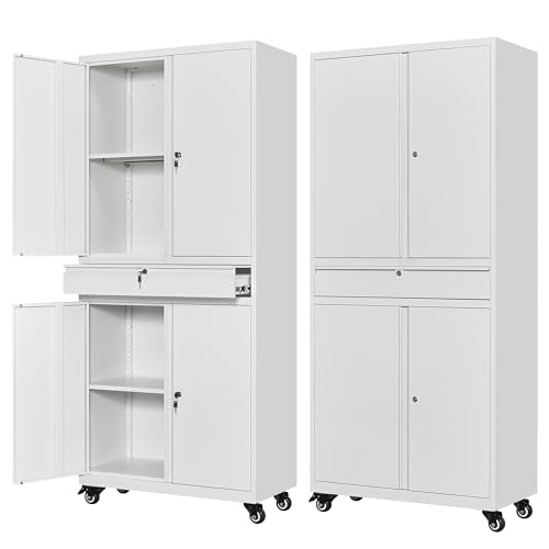 Letaya Metal Garage Storage Cabinet with Wheels,72“ Rolling Tool Cabinet with 4 Door Lock-Adjustable Shelves and Drawer for Garage Home Office Utility Room (White with Wheels) - color: White, size: 1 Drawer-Wheels