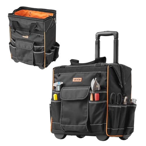 VEVOR 15" Rolling Tool Bag, 110 lbs Load Capacity, 25 Pockets Heavy Duty Roller Tool Bag on Wheels, Adjustable Telescoping Handle & Stable Base, Toolbag Organizers w/Wheels for Construction, Mechanic - size: 15 in