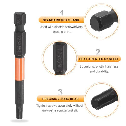 HARFINGTON 3pcs T25 Torx Head Screwdriver Bit 2.56" (65mm) Long 1/4" Hex Shank Magnetic No Hole Tamper Proof 6 Point Star Screw Driver Drill Bits Phosphate S2 Steel Industrial Power Tools - size: T25