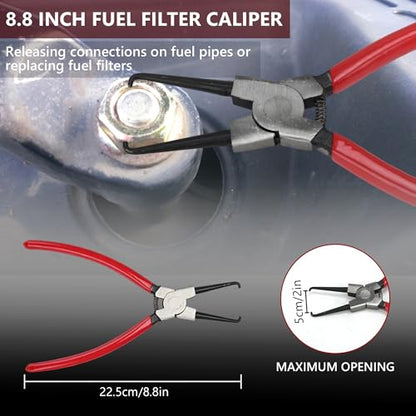 6Pcs Fuel Line Disconnect Tool Set, 9" Fuel Filter Caliper, Professional Hose Clamp Kit, Pipe Clamp Clip, 30 Degree Disconnect Pliers for Auto Maintenance with Storage Case