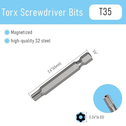 5PCS T35 Magnetic Tamper Proof Torx Screwdriver Bits, 1/4 Inch Hex Shank 2.6 Inch Length S2 Steel Security Drill Torx Head Drill Screw Driver Tools(65mm Long, Star 6 Point) - size: T35