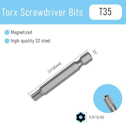 5PCS T35 Magnetic Tamper Proof Torx Screwdriver Bits, 1/4 Inch Hex Shank 2.6 Inch Length S2 Steel Security Drill Torx Head Drill Screw Driver Tools(65mm Long, Star 6 Point) - size: T35