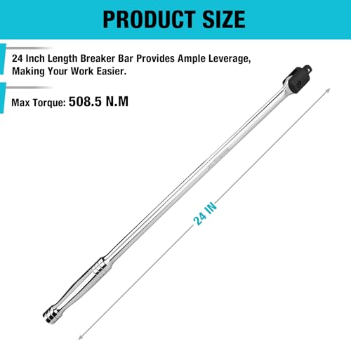 DURATECH Breaker Bar, 1/2'' Drive 24-Inch Breaker Bars Heavy Duty, with 240° Flex Head, Spring-loaded Detent Ball, Premium Chrome Alloy Made - color: Silver, size: 24 in