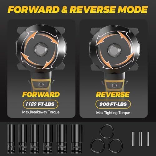 1600Nm Impact Wrench, 1/2" 1180ft-lbs Cordless Impact Gun with 1 x 8.0Ah Battery, 21V High Torque Power Impact Driver with 6 Sockets， Pistola Llave De Impacto for Truck RV Car Heavy Construction