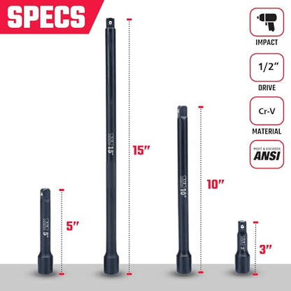 NEIKO 00248A 1/2-Inch-Drive Impact Extension-Bar Set, Impact Socket Extension Made with CrV Steel, 1/2 Impact Extension Set Includes 3-Inch, 5-Inch, 10-inch, 15-inch - size: 4 Piece, (3", 5", 10", 15"), style: Impact Extension