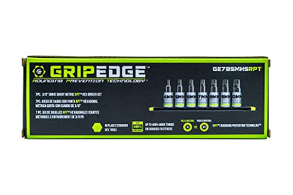 GRIPEDGE HEX Bit Socket Set | 7-PC - 3/8'' Drive Short Metric RPT Hex Driver Set | Sizes 4MM - 10MM | Made With S2 Steel | Includes Premium Aluminum Storage Rail |