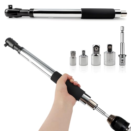 1/2" Drive Offset Extension Wrench for Drill, Heavy-Duty Ratchet Extender for Tight Spaces, Includes 1/4", 3/8", 1/2" Socket Adapters & Bit Holder for Auto Repair