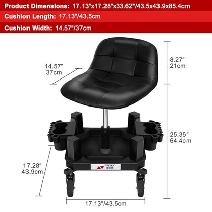 Rolling Stool with Wheels, Adjustable Shop Stool Mechanic Seat, Garage Shop Roller Work Chair, Mobile Rolling Seat with Tool Tray, 2 Cup Holders, 4" Casters, 350 LBS, Heavy-Duty, Black - color: Black
