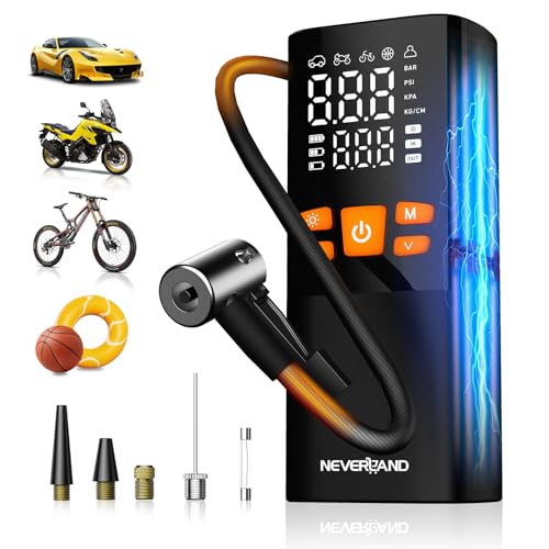 Neverland Tire Inflator Portable Air Compressor - 150 PSI Electric Air Pump for Car Tires with Auto Shutoff Function, Cordless Tire Air Pump for Bicycle, Motorcycle with Gauge - color: Orange&black