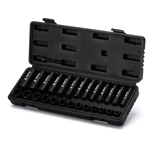 TecoTek 27 Pieces 3/8-Inch Drive 12-Point Metric Impact Socket Set, CR-V, 7mm to 19mm, Standard and Deep, 1/4"-3/8" Drill Adapter - size: 7mm-19mm(Deep & Shallow)