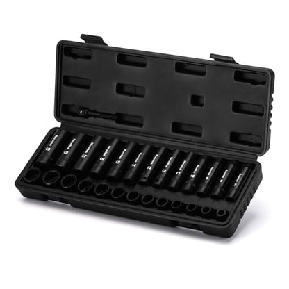 TecoTek 27 Pieces 3/8-Inch Drive 12-Point Metric Impact Socket Set, CR-V, 7mm to 19mm, Standard and Deep, 1/4"-3/8" Drill Adapter - size: 7mm-19mm(Deep & Shallow)
