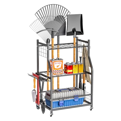 Ultrawall Garden Tool Organizer, Yard Tool Storage Stand for Garage with Lockable Wheels, Shed Tool Storage for Rake, Brooms, Indoor & Outdoor Use - size: Medium