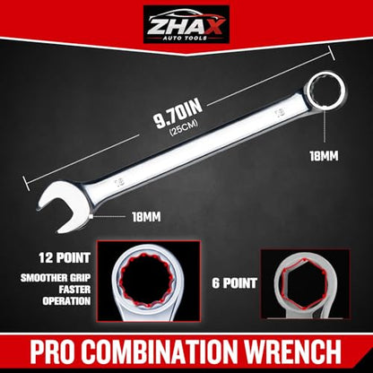 zhax 18mm Metric Combination Wrench, 12 Point Box End, 15 Degree Offset Design, Mirror Polish Finish, Forged CR-V Steel, Hand Tools for Mechanics, Ideal for Auto and Home Repair - size: 18mm